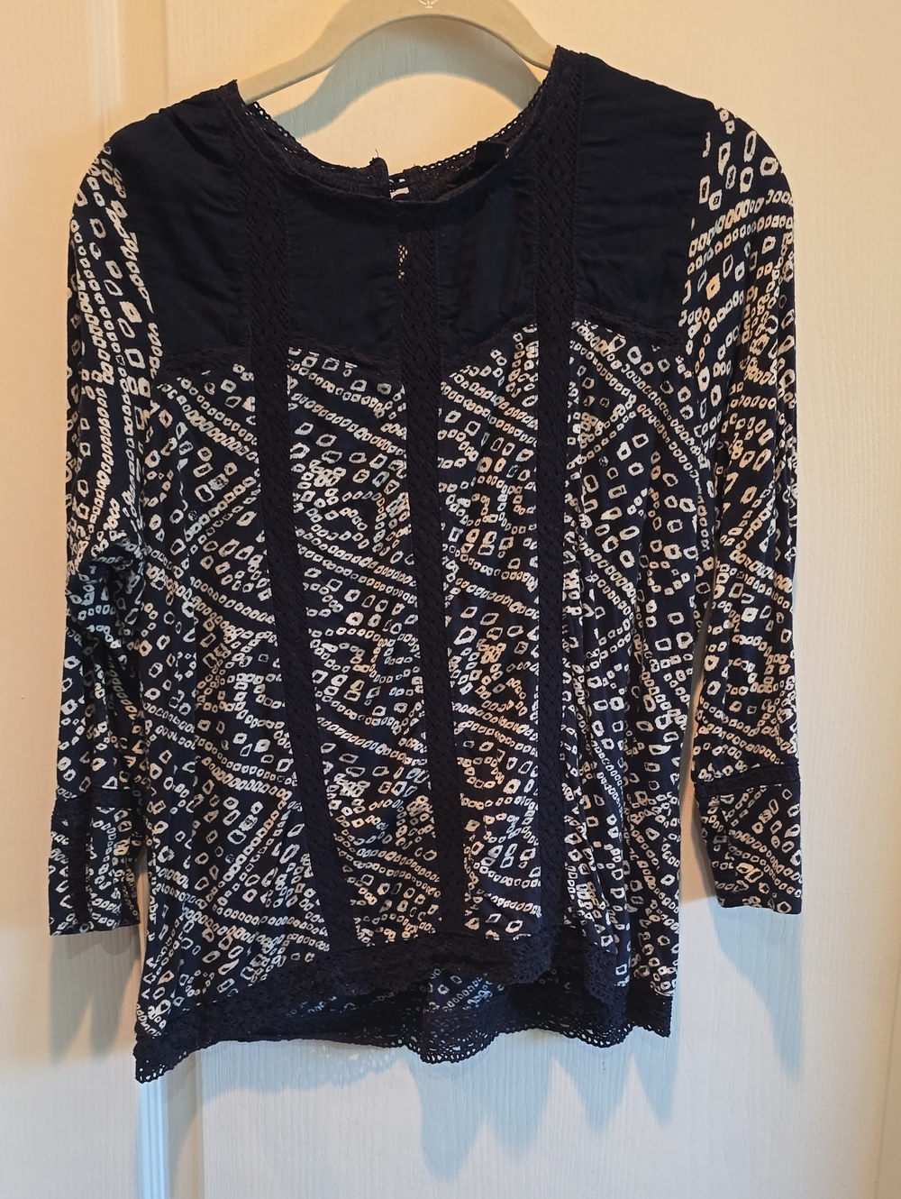 Lucky Brand Navy and White Printed Lace-Trim Long Sleeve Tee